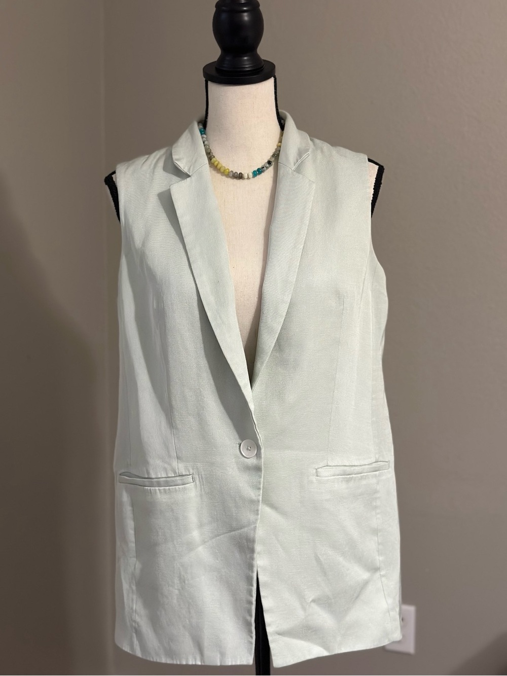 Express Light Mint Sleeveless Academia Linen Blend Blazer Indie Lightweight Vest